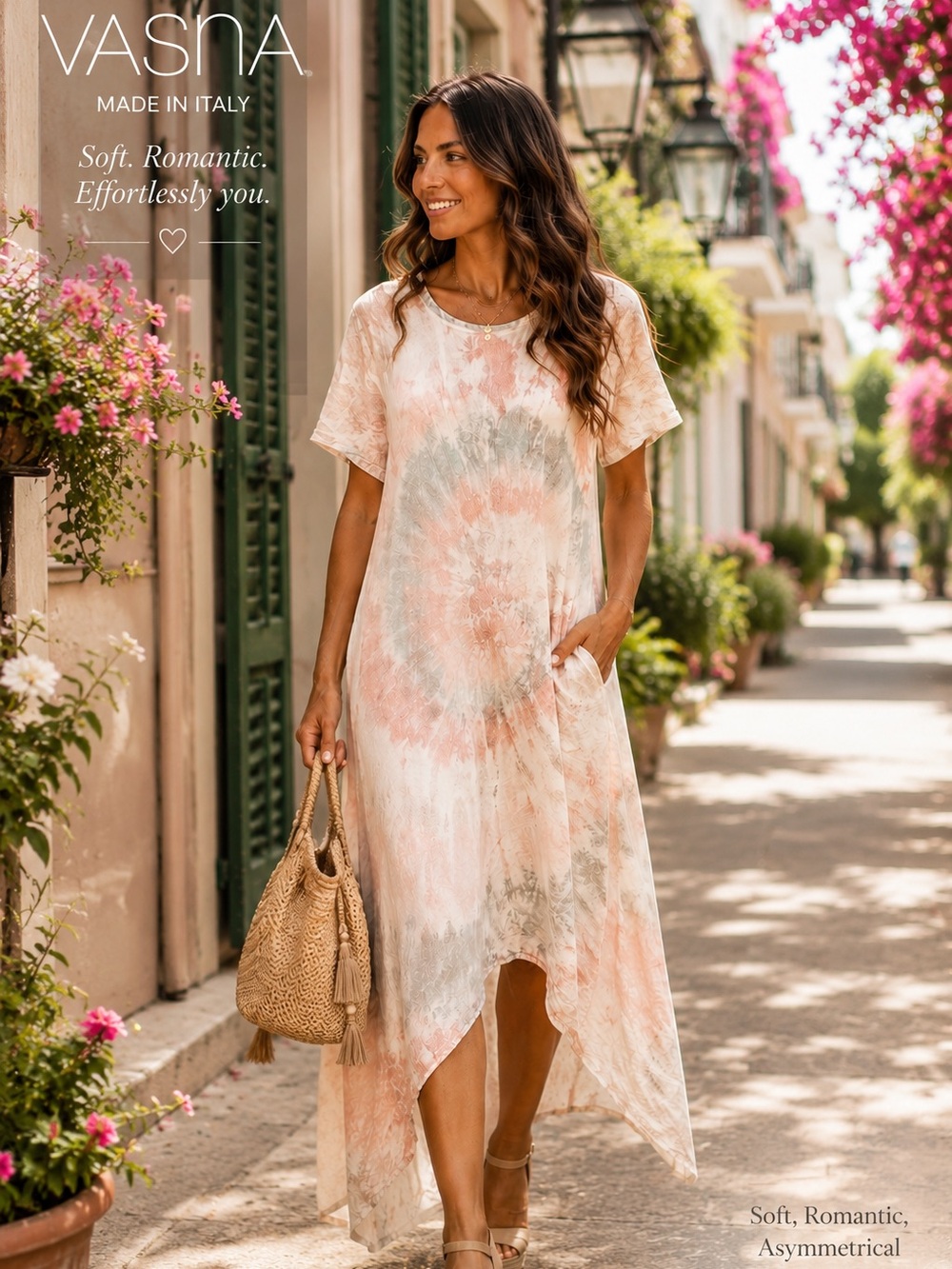 Vasna,Italy, Soft, Romantic,Asymmetrical Limen Dress, Excellent Condition,Size L